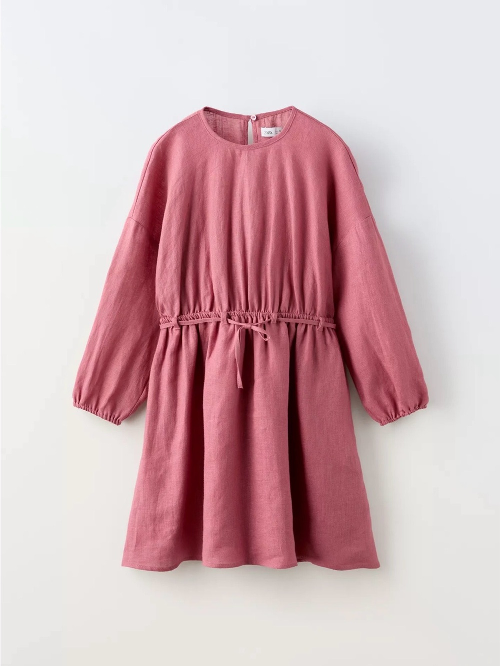 Zara Girls' Dusty Rose Drawstring Waist Long-Sleeve Linen Dress
